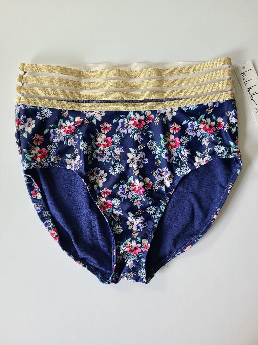 NWT Swimsuit Nicole Miller XL Blue Gold Bottoms ONLY Lurex Novelty Trim Floral
